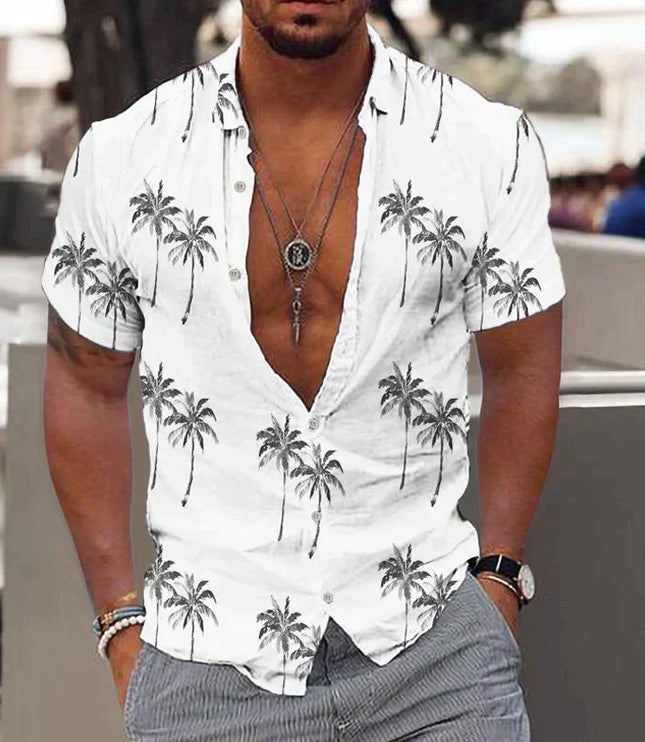 Camisa de hombre de verano con estampado tropical de manga corta y botones