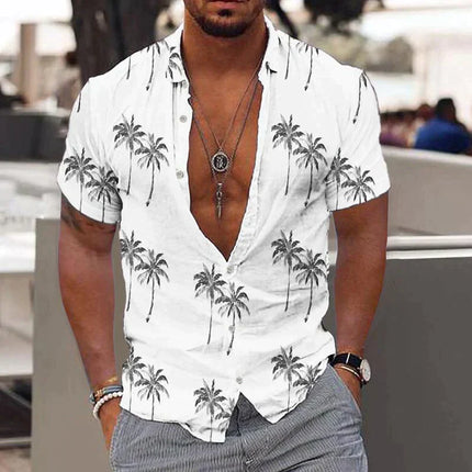 Camisa de hombre de verano con estampado tropical de manga corta y botones