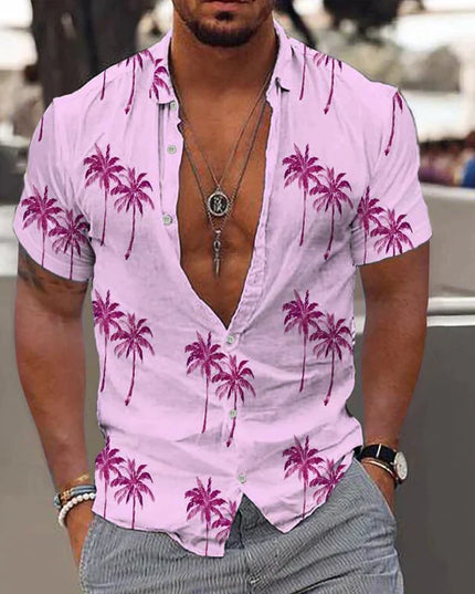 Camisa de hombre de verano con estampado tropical de manga corta y botones