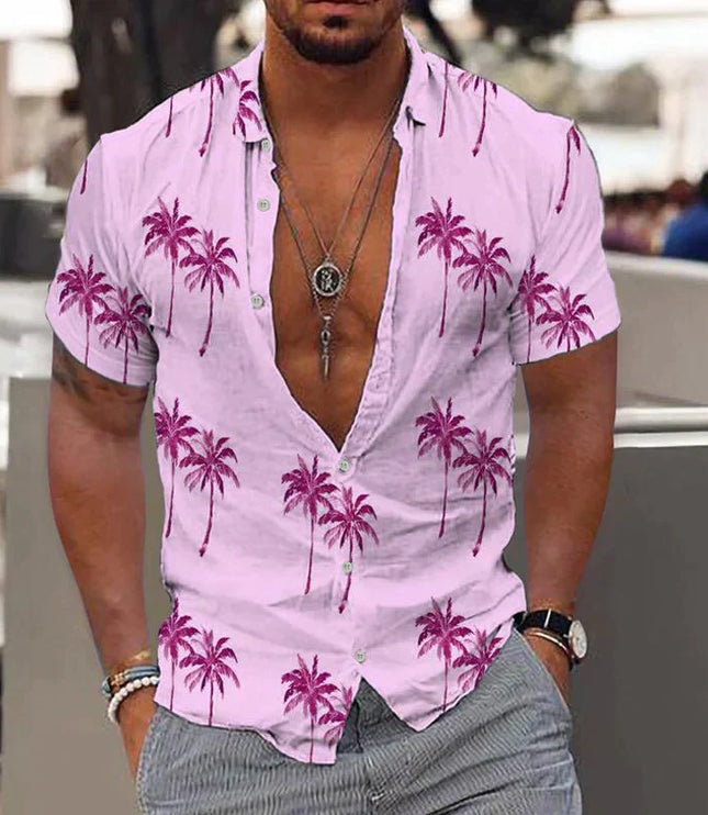 Camisa de hombre de verano con estampado tropical de manga corta y botones