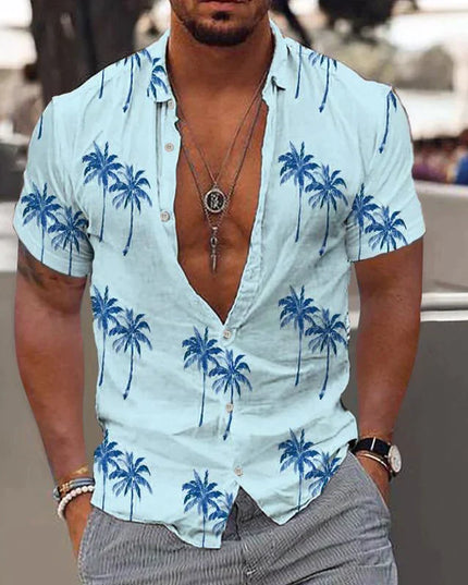 Camisa de hombre de verano con estampado tropical de manga corta y botones