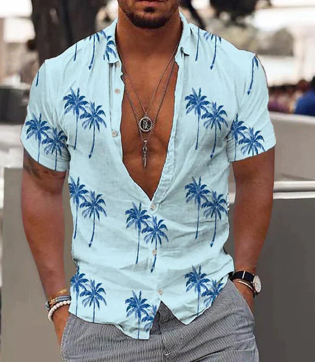 Camisa de hombre de verano con estampado tropical de manga corta y botones
