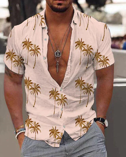 Camisa de hombre de verano con estampado tropical de manga corta y botones