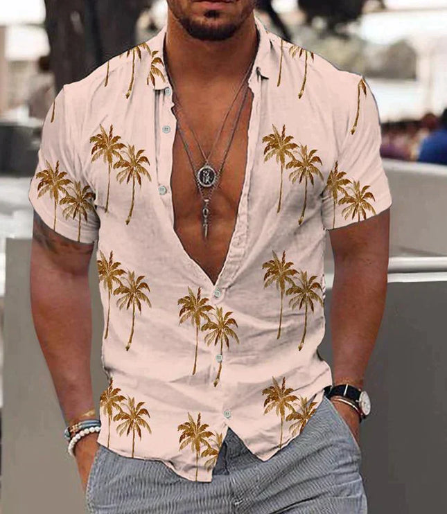 Camisa de hombre de verano con estampado tropical de manga corta y botones