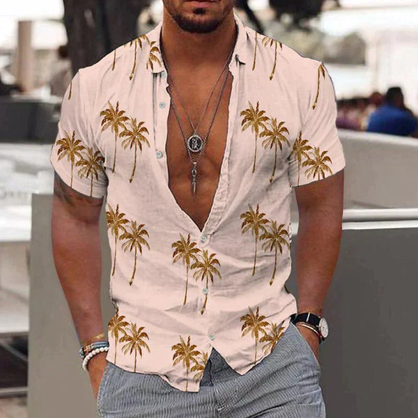 Men's Summer Tropical Print Short Sleeve Button Up Shirt