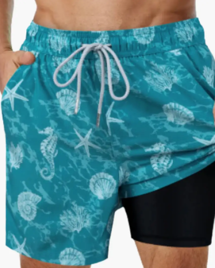 Pantalones cortos de baño con estampado tropical y forro de malla para hombre de verano