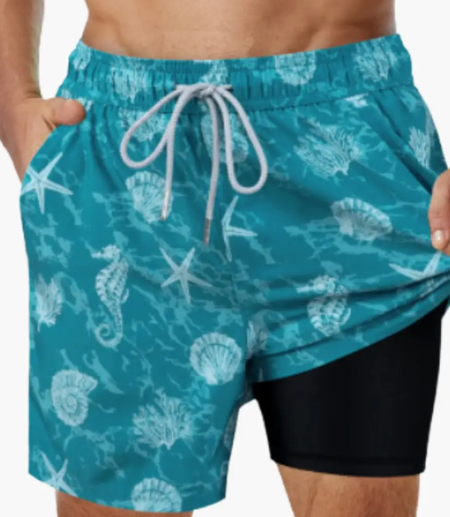 Pantalones cortos de baño con estampado tropical y forro de malla para hombre de verano