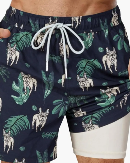 Pantalones cortos de baño con estampado tropical y forro de malla para hombre de verano
