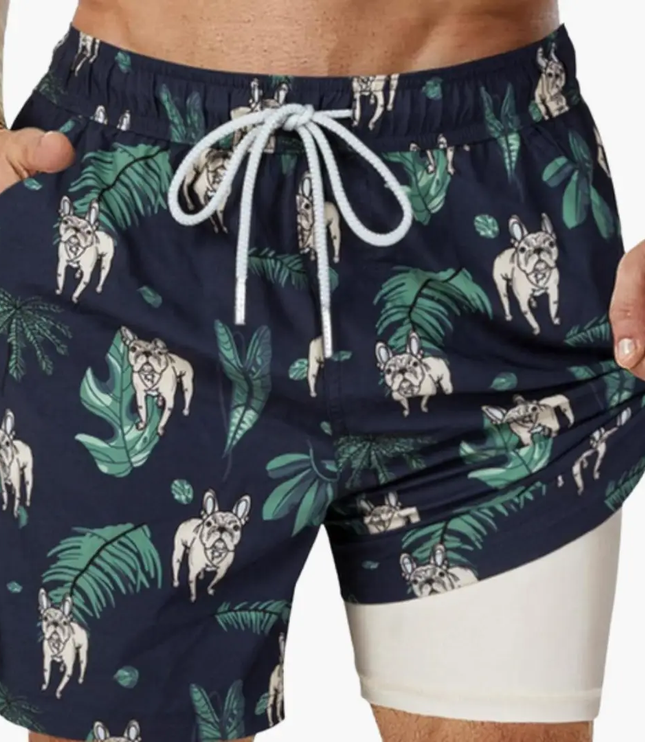 Pantalones cortos de baño con estampado tropical y forro de malla para hombre de verano