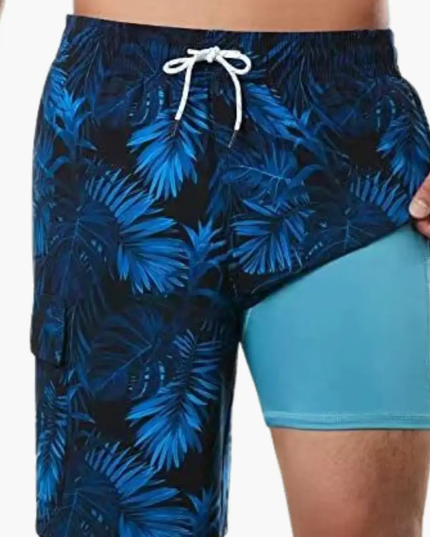 Pantalones cortos de baño con estampado tropical y forro de malla para hombre de verano