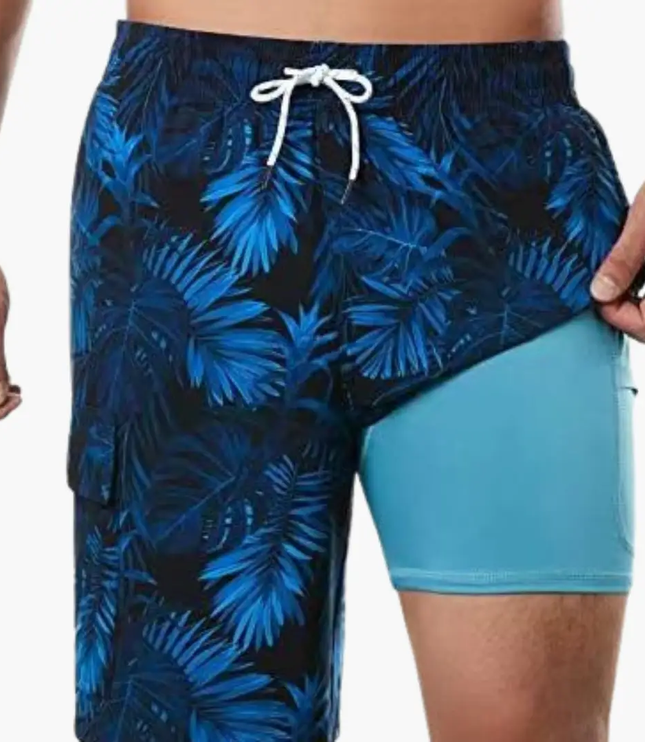 Pantalones cortos de baño con estampado tropical y forro de malla para hombre de verano