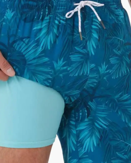Pantalones cortos de baño con estampado tropical y forro de malla para hombre de verano
