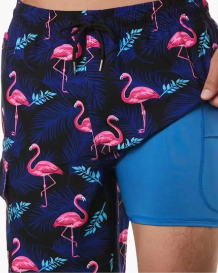 Pantalones cortos de baño con estampado tropical y forro de malla para hombre de verano