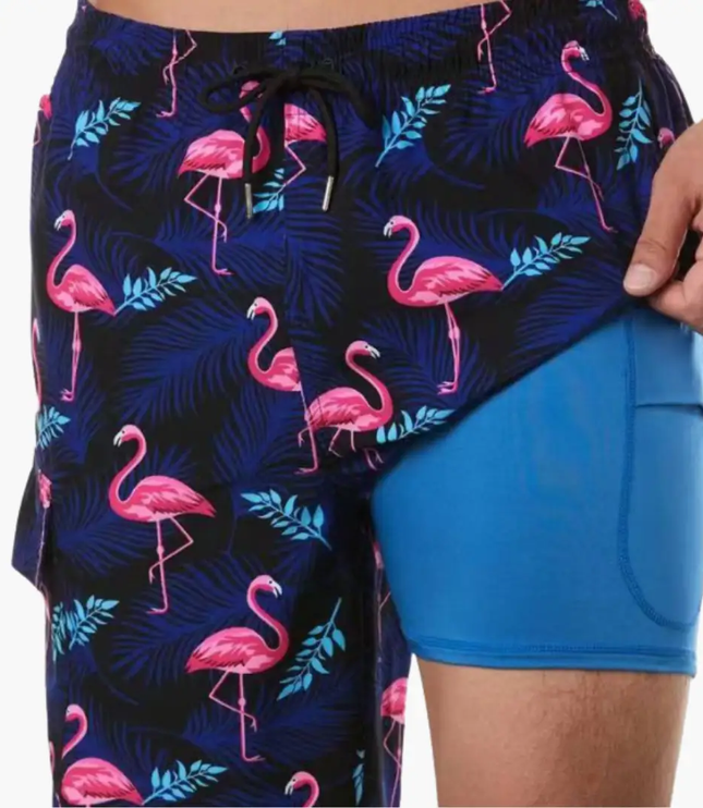 Pantalones cortos de baño con estampado tropical y forro de malla para hombre de verano