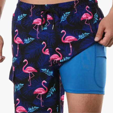 Pantalones cortos de baño con estampado tropical y forro de malla para hombre de verano