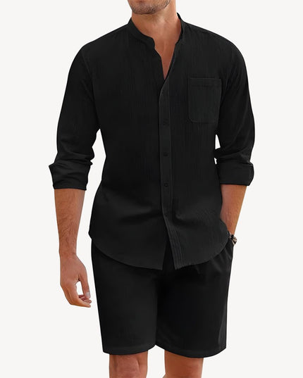 Conjunto de verano para hombre, dos piezas, camisa y pantalones cortos de lino para playa