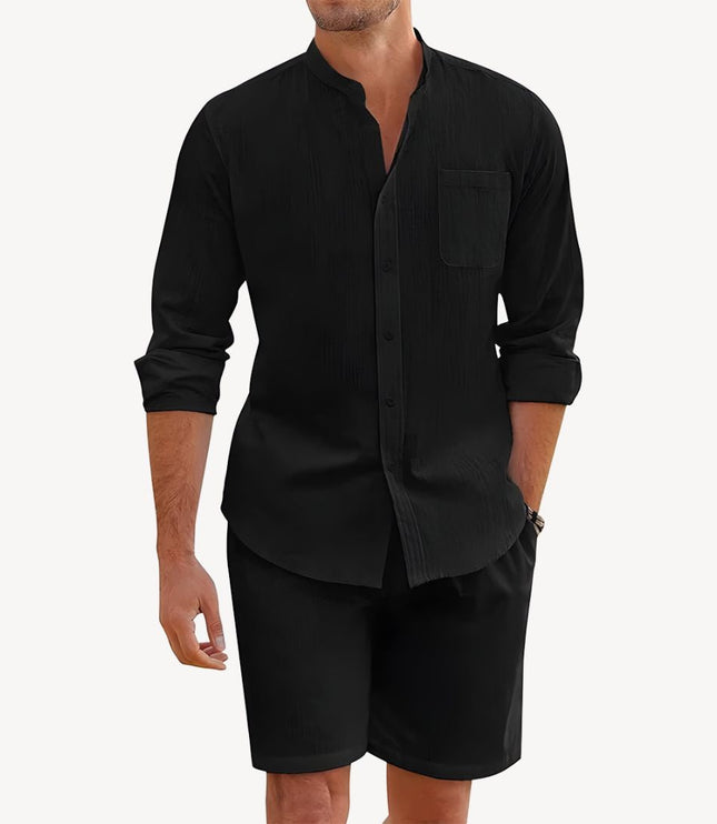 Conjunto de verano para hombre, dos piezas, camisa y pantalones cortos de lino para playa