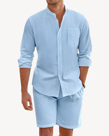 Conjunto de verano para hombre, dos piezas, camisa y pantalones cortos de lino para playa