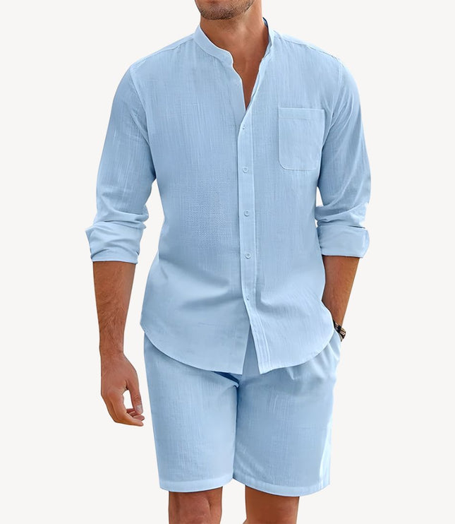 Conjunto de verano para hombre, dos piezas, camisa y pantalones cortos de lino para playa