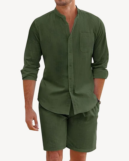Conjunto de verano para hombre, dos piezas, camisa y pantalones cortos de lino para playa