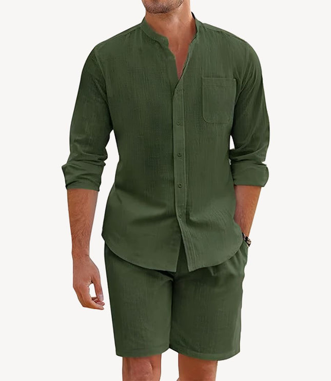 Conjunto de verano para hombre, dos piezas, camisa y pantalones cortos de lino para playa