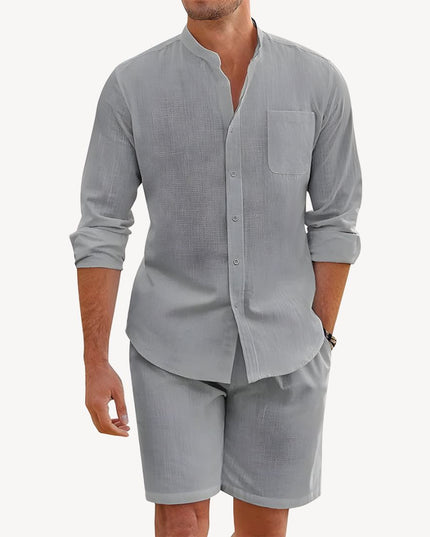 Conjunto de verano para hombre, dos piezas, camisa y pantalones cortos de lino para playa