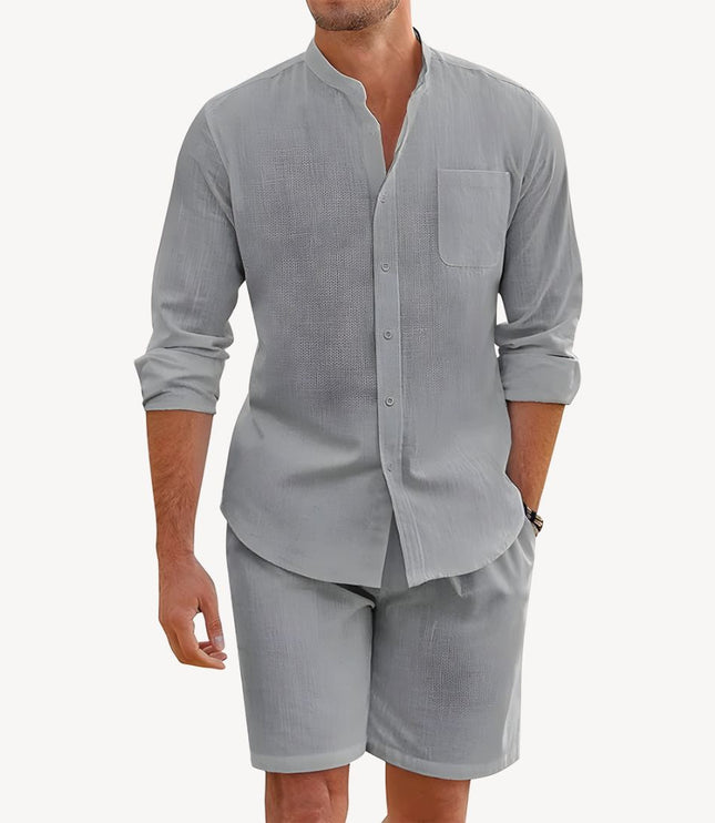 Conjunto de verano para hombre, dos piezas, camisa y pantalones cortos de lino para playa