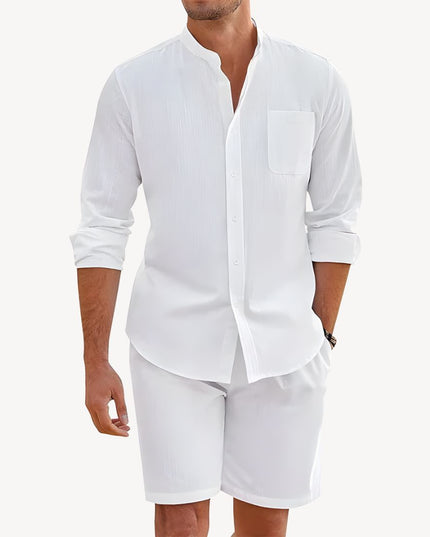 Conjunto de verano para hombre, dos piezas, camisa y pantalones cortos de lino para playa
