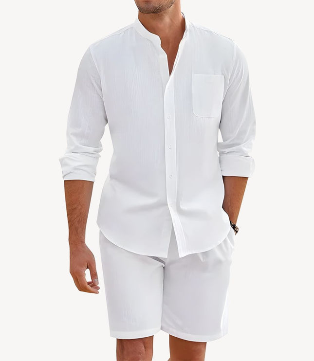 Conjunto de verano para hombre, dos piezas, camisa y pantalones cortos de lino para playa