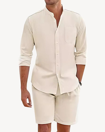 Conjunto de verano para hombre, dos piezas, camisa y pantalones cortos de lino para playa