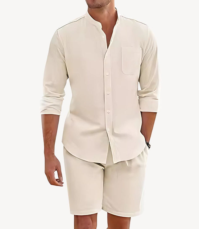 Conjunto de verano para hombre, dos piezas, camisa y pantalones cortos de lino para playa