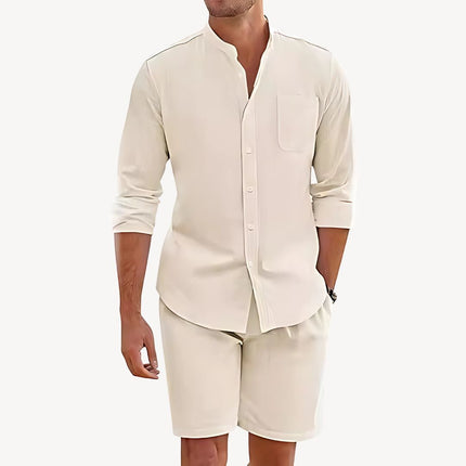 Conjunto de verano para hombre, dos piezas, camisa y pantalones cortos de lino para playa