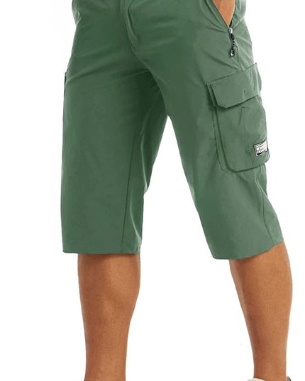 Olive green utility cargo shorts with side pockets and zipper details