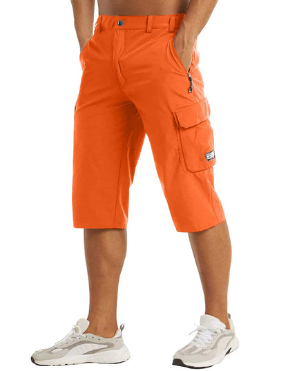 Bright orange cargo shorts with zipper pockets and side utility pockets
