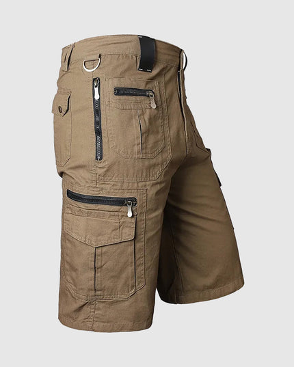 Khaki cargo shorts side profile with zipper pockets and cargo leg pocket