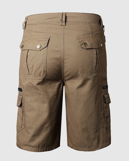 Tan cargo shorts back view with large cargo pockets and button details
