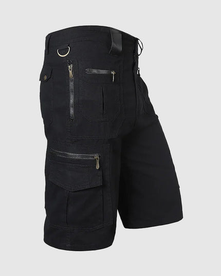 Black cargo shorts side view with multiple zipper pockets and cargo pocket
