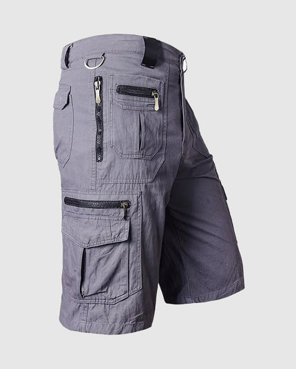Gray cargo shorts side view with zipper pocket details and cargo leg pocket