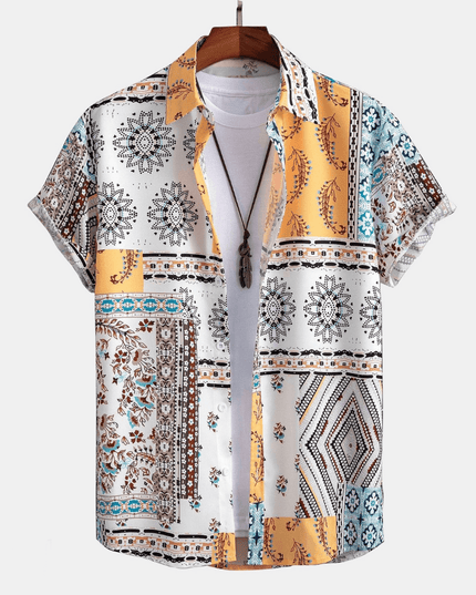 Conjunto de verano para hombre, dos piezas, camisa de manga corta con parches amarillos y pantalones cortos