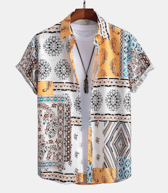 Conjunto de verano para hombre, dos piezas, camisa de manga corta con parches amarillos y pantalones cortos
