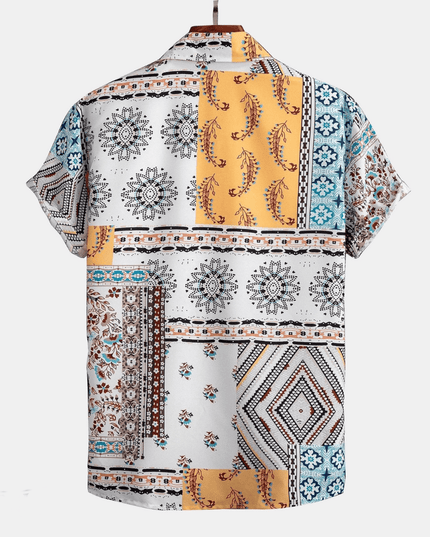 Conjunto de verano para hombre, dos piezas, camisa de manga corta con parches amarillos y pantalones cortos