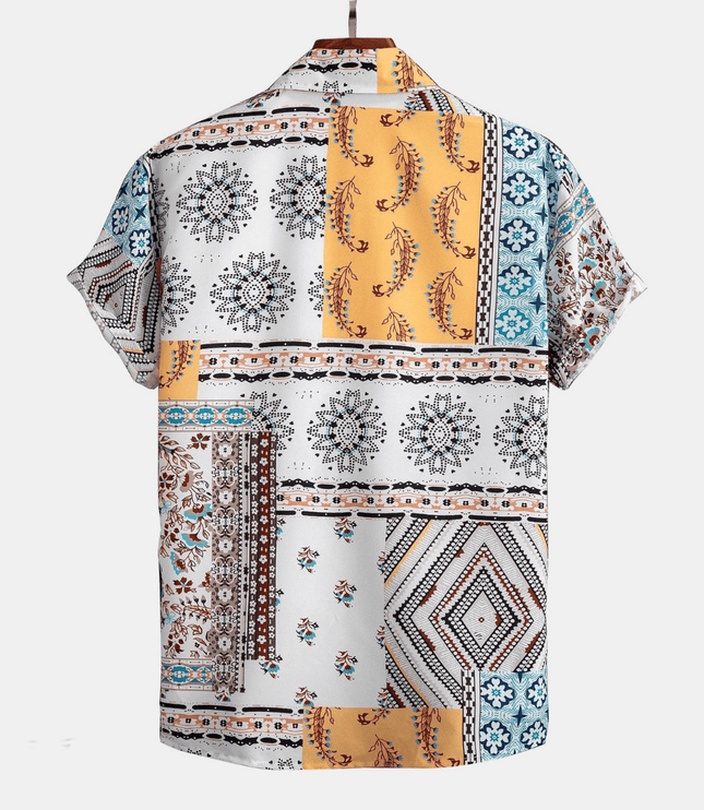 Conjunto de verano para hombre, dos piezas, camisa de manga corta con parches amarillos y pantalones cortos