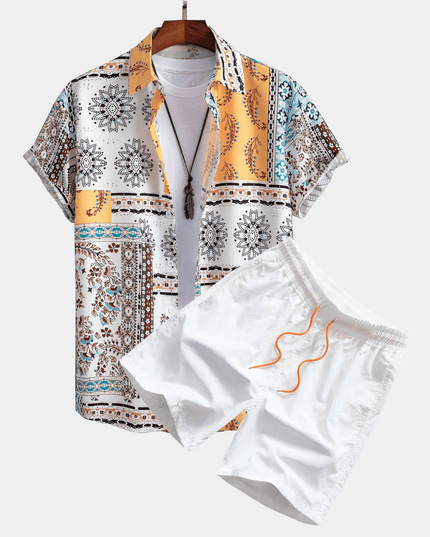Conjunto de verano para hombre, dos piezas, camisa de manga corta con parches amarillos y pantalones cortos