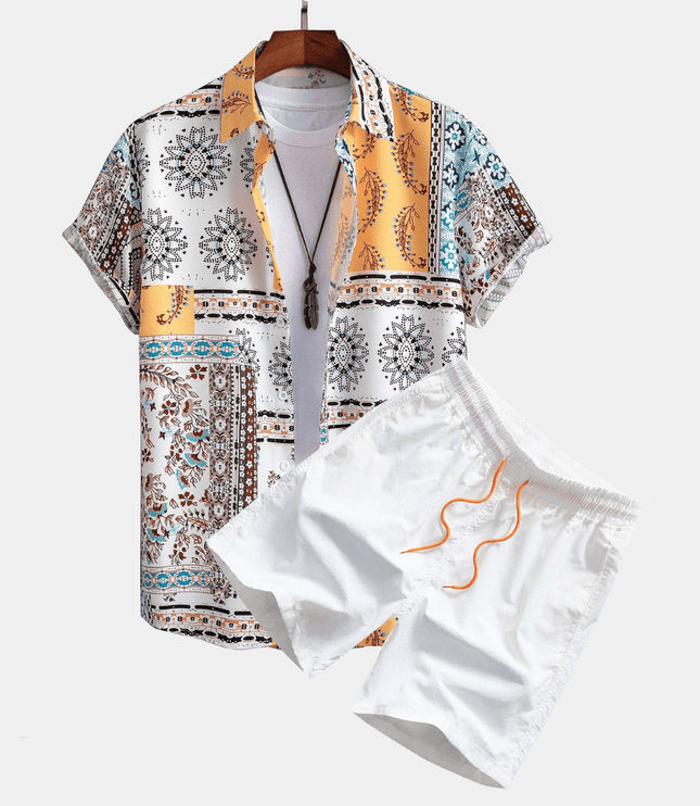 Conjunto de verano para hombre, dos piezas, camisa de manga corta con parches amarillos y pantalones cortos