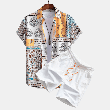 Conjunto de verano para hombre, dos piezas, camisa de manga corta con parches amarillos y pantalones cortos