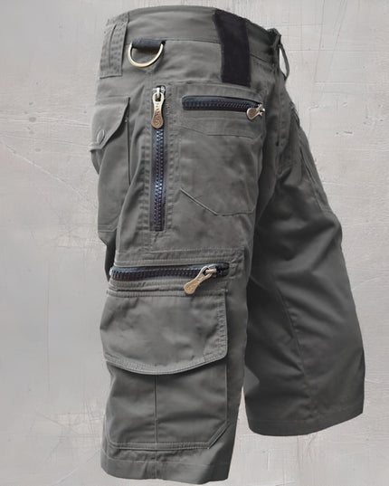 Gray tactical cargo shorts featuring large cargo pockets and contrast zipper accents