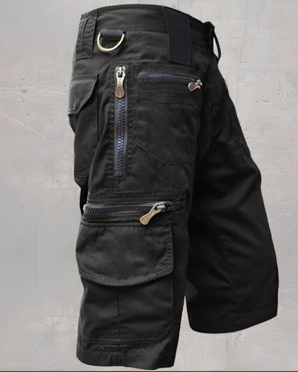 Black utility cargo shorts with functional storage pockets and metal D-ring loop
