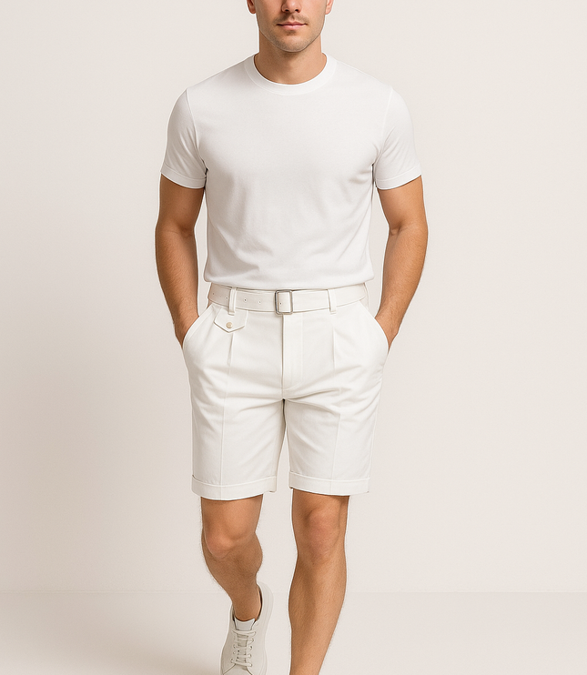 Cream tailored pleated shorts with buckle adjuster belt styled with white t-shirt