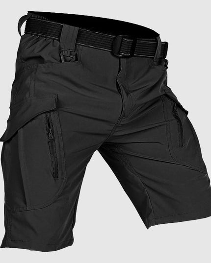 Black tactical cargo shorts with webbing belt and zippered cargo pockets