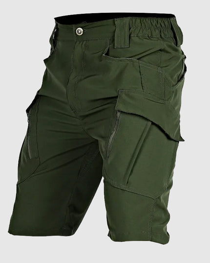 Olive green cargo shorts with button waist and large thigh cargo pockets